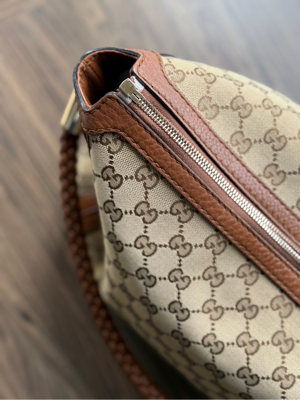 Gucci Beige & Brown GG Canvas Shoulder Hobo with Braided Handle - Picture 11 of 16